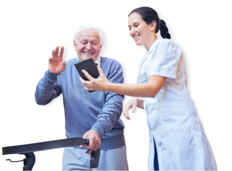 caregiver showing health report to a senior man